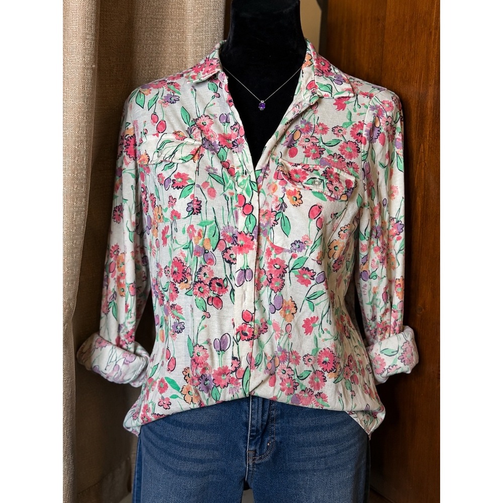 Kim Rogers Button Up Shirt Women Medium White Floral Good 90s Cottagecore
